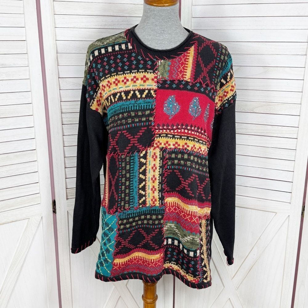 Vintage 90s‎ Chaus Boho Patchwork Multi Print Tunic Sweater Black Multi Large